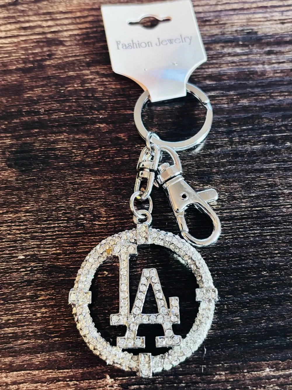 Silver Tone Rhinestone LA Circle Keychain - Picture 2 of 3